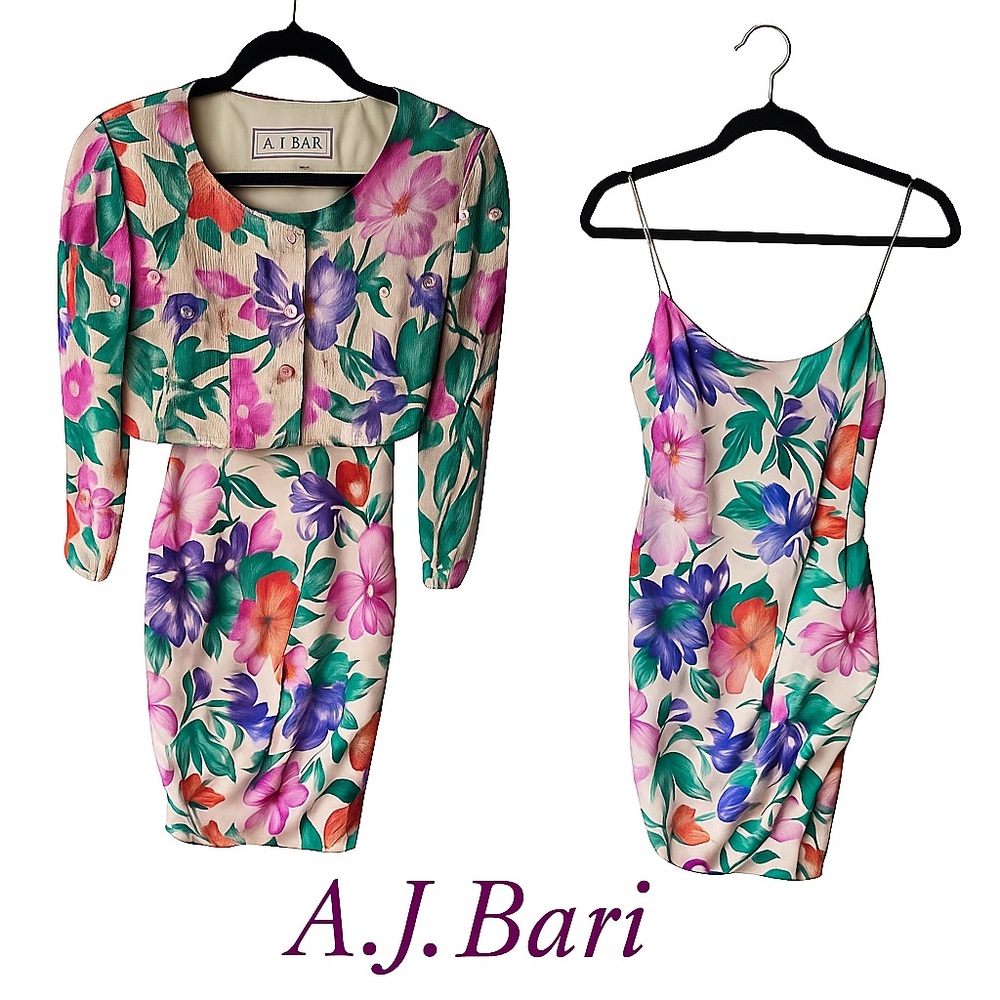 Vintage 80s‎ A.J. Bari Silk Sequin Floral Dress Set Bold Cocktail Party Glam 2